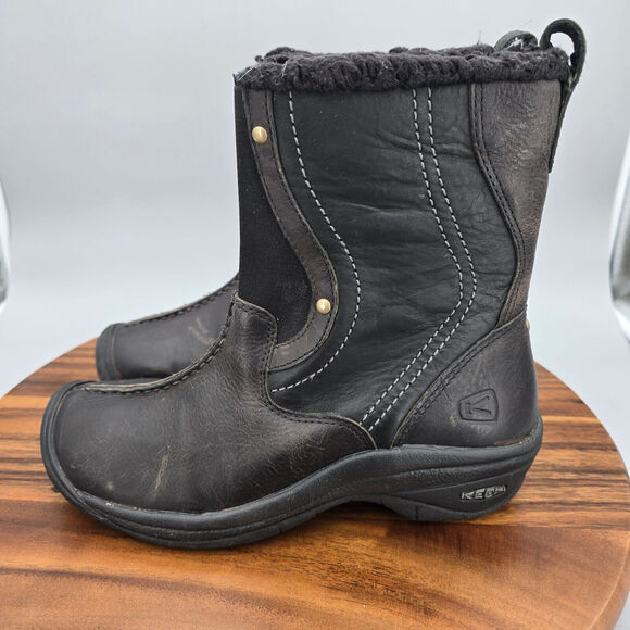 Keen Winter Boots Women's 7.5 Black Leather Fleece Lined Snow Pull On Comfort - Picture 3 of 8